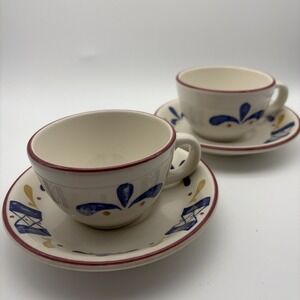 Vintage Buffalo China Restaurant Ware Blue, Gold colors red rim 2 cups 2 saucers